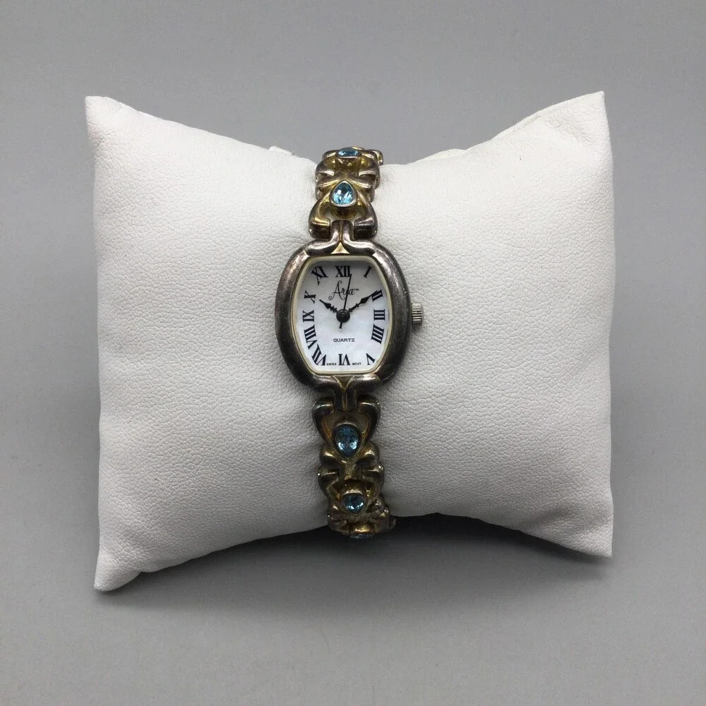 Aria Womens Watch 20mm Sterling Silver MOP Dial Blue Bracelet New Battery 6.5